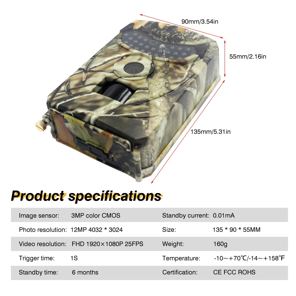 12MP Trail Camera Waterproof, Day / Night Video & Stills