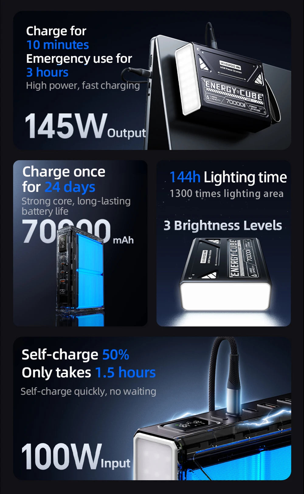 Large Capacity Battery w/ Rechargeable LED Lamp