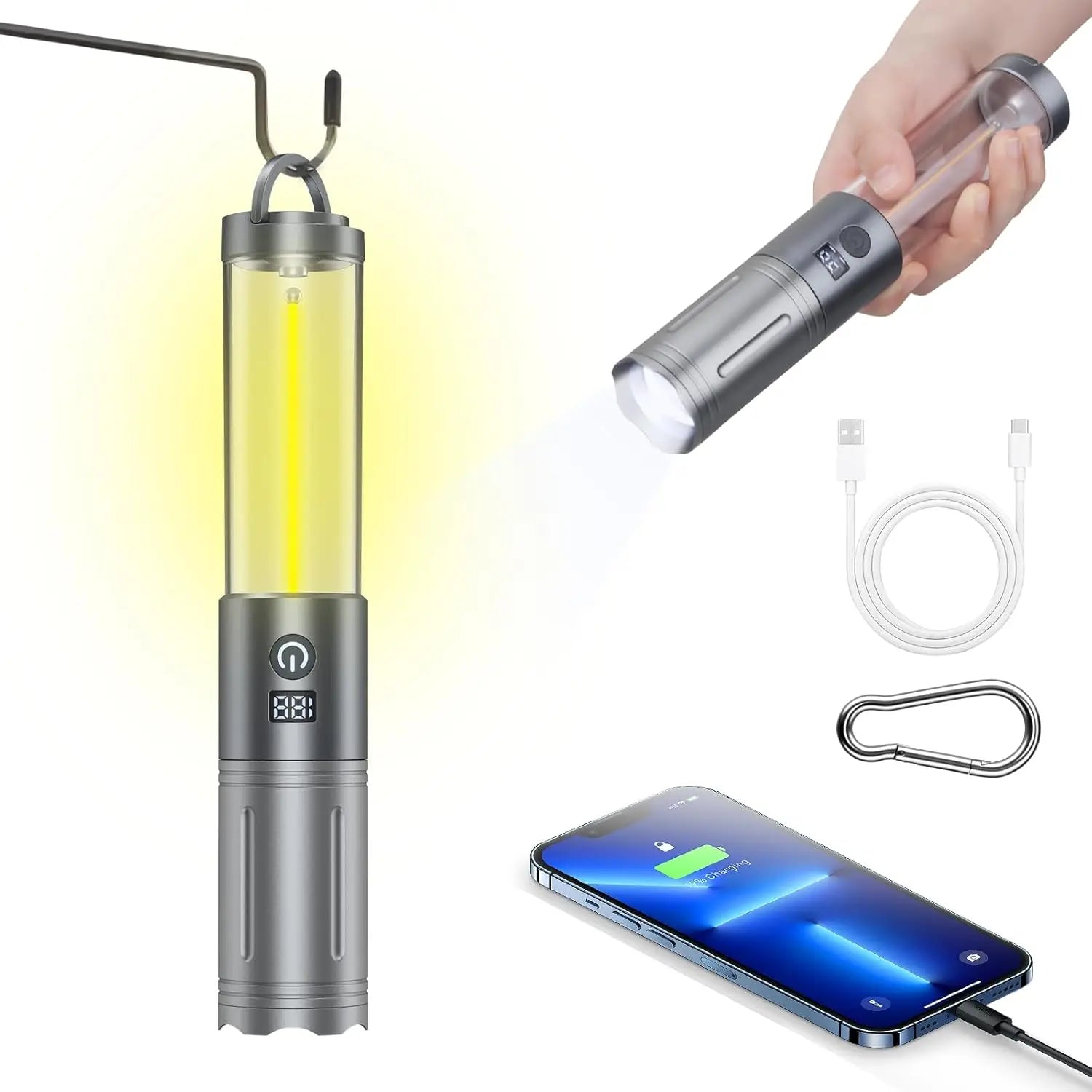 Rechargeable Lantern and Flashlight with USB Output, LCD Screen