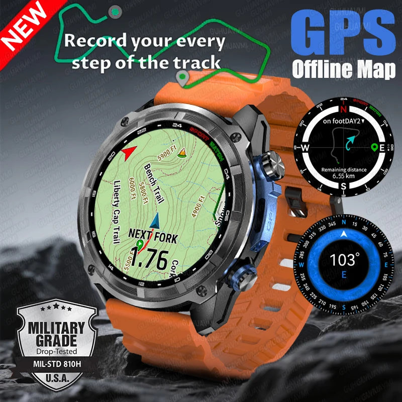 Tactical Android iOS Smartwatch Built-in GPS Offline Map