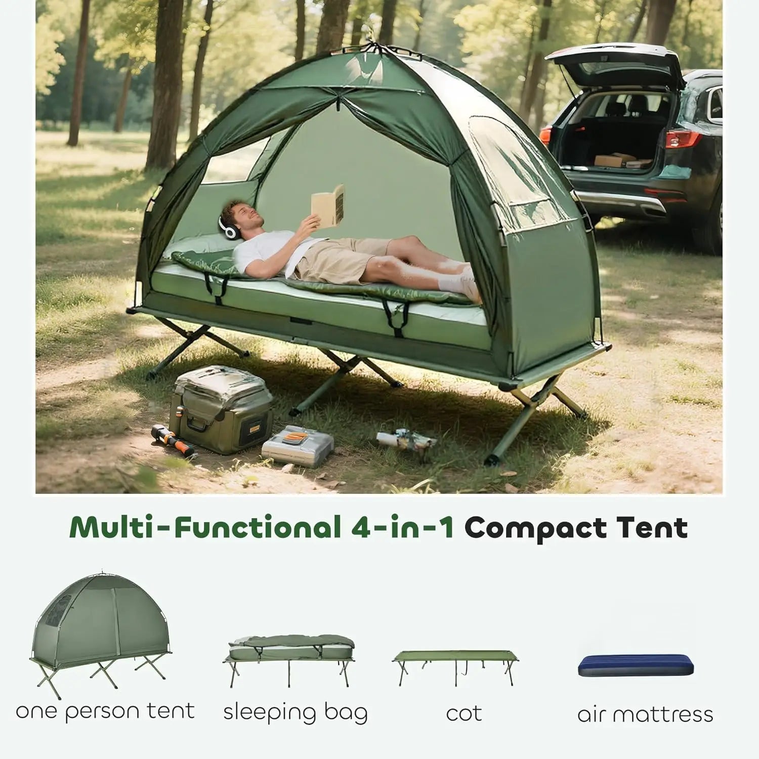 6-in-1 Folding Tent Cot with Mattress, Pillow, Sleeping Bag