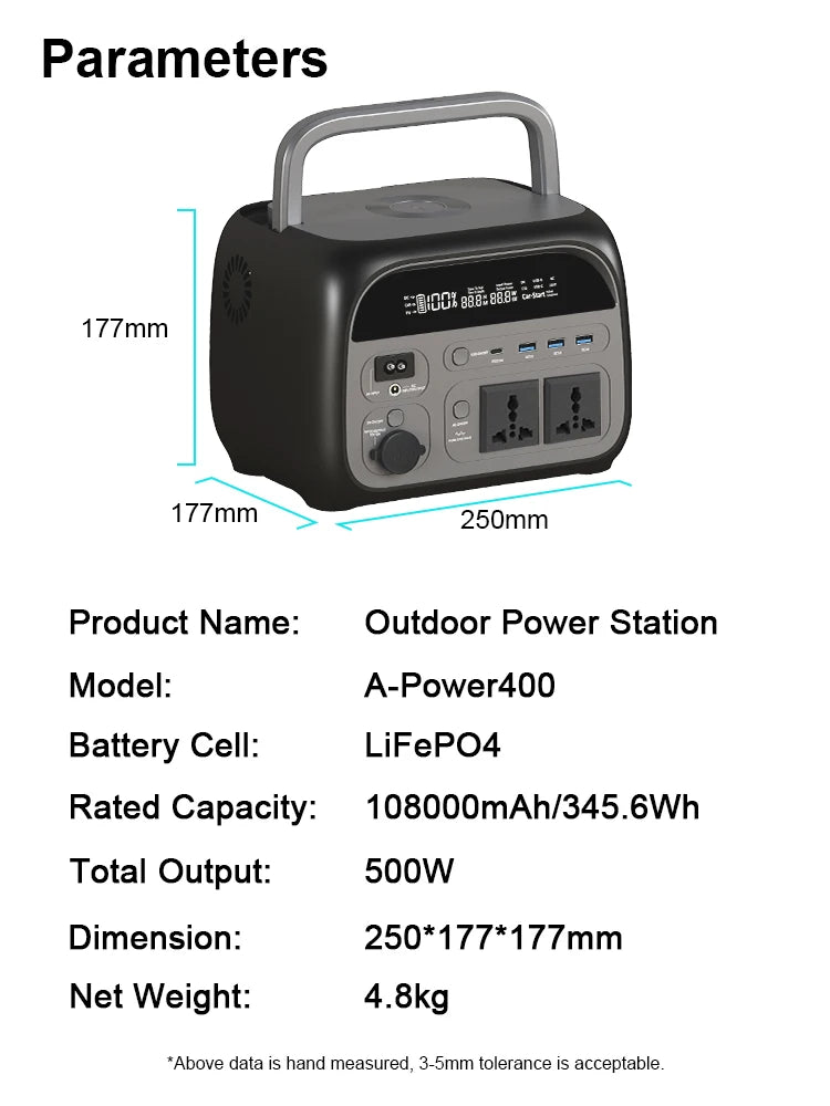 500W Camping Power Station Solar Generator - 110V/220V Portable Battery