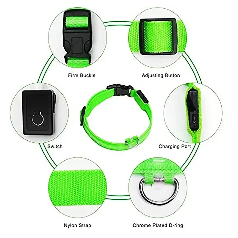 LED Glowing Dog Collar - Adjustable Rechargeable Light-Up Collar for Night Safety