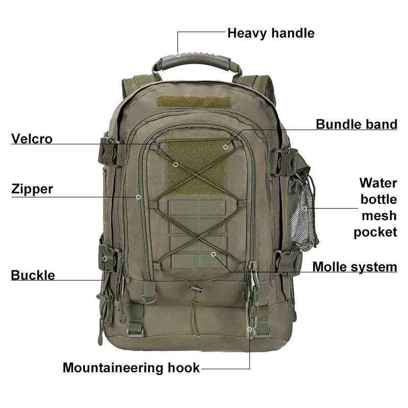 60L Hiking Backpack, Expandable with Water Bottle