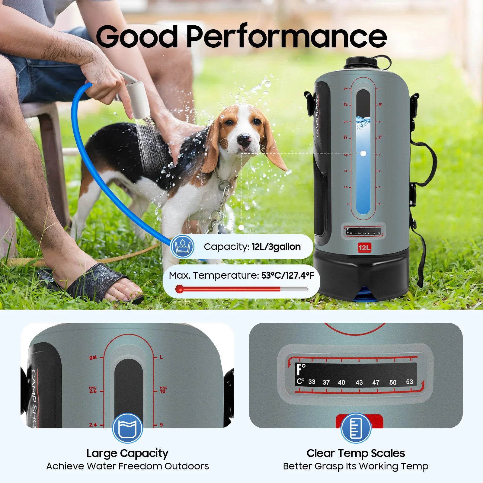 12L Portable Pressure Heating Camp Shower - Solar Heated Outdoor Shower