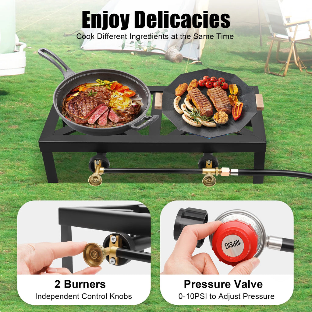 Portable 2-Burner Propane Stove with Regulator Hose